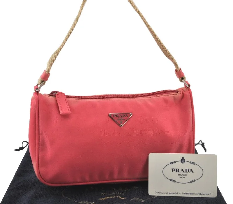 Prada bags with a snap - button closure and a decorative charm for a fashionable lookAuthentic PRADA TESSUTO SPORT Nylon Hand Bag Pouch Purse MV632 Pink 5764K