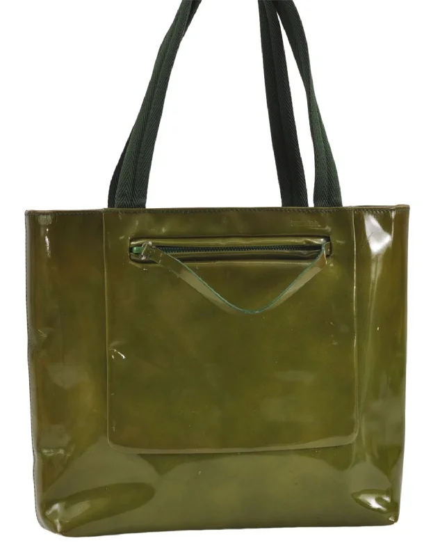 Prada handbags with a perforated leather detail for a unique and breathable designAuthentic PRADA Enamel Nylon Shoulder Hand Bag Purse Green 6426D