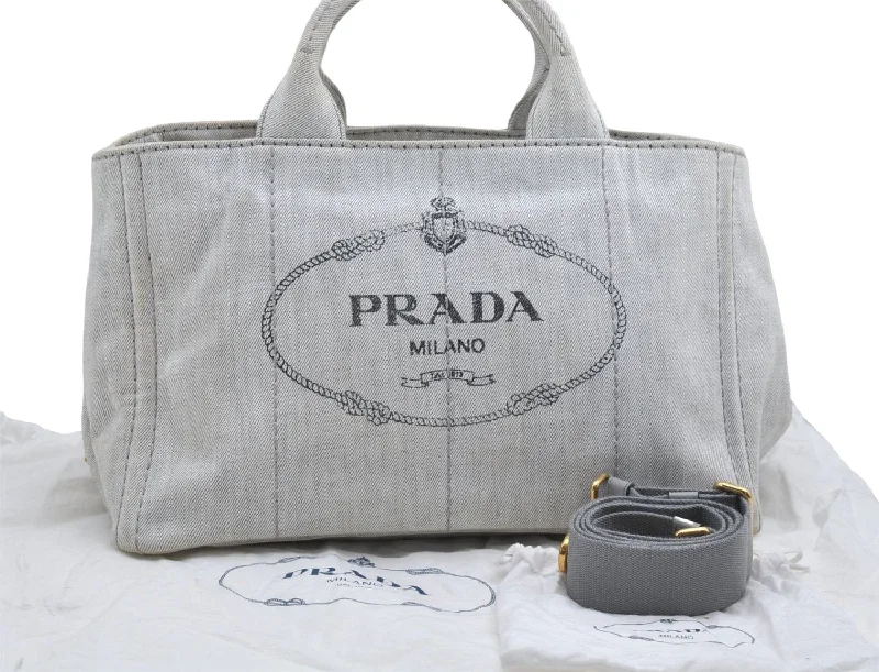 Prada tote bags with a spacious interior and a magnetic - snap closureAuthentic PRADA Canapa M Canvas 2Way Tote Hand Bag Light Gray 9051D