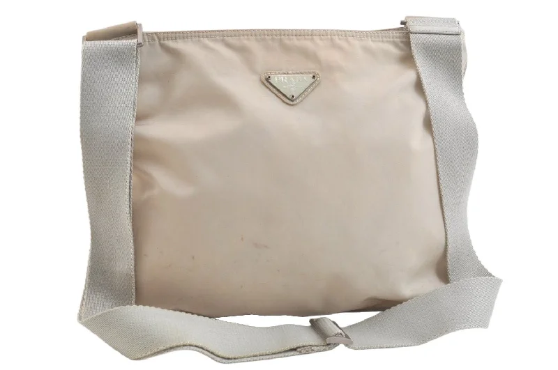 Prada tote bags with a double - handle and shoulder - strap option for easy useAuthentic PRADA Nylon Tessuto Leather Shoulder Cross Body Bag Gray Beige 3564K