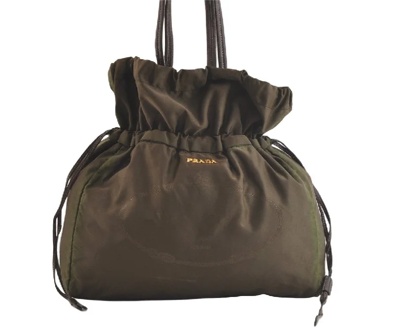 Ladies Prada shoulder bags with a tassel - adorned zipper for added charmAuthentic PRADA Nylon Tessuto Leather Drawstring Bag Khaki Green Junk 3565K