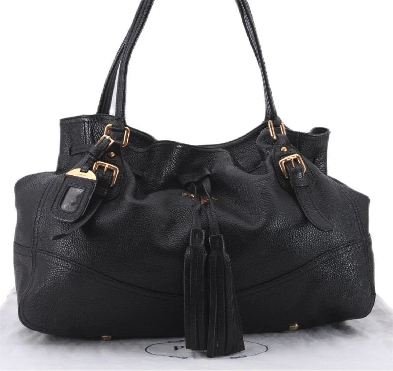 Ladies Prada shoulder bags with a single - handle design for simplicityAuthentic PRADA Vintage Tassel Shoulder Drawstring Bag Leather Black 9689E