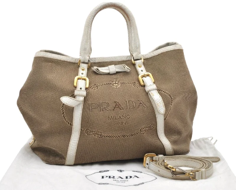 Prada bags with a snap - button closure and a decorative charm for a fashionable lookAuthentic PRADA Canvas Leather Logo 2Way Shoulder Hand Bag Beige 3746K