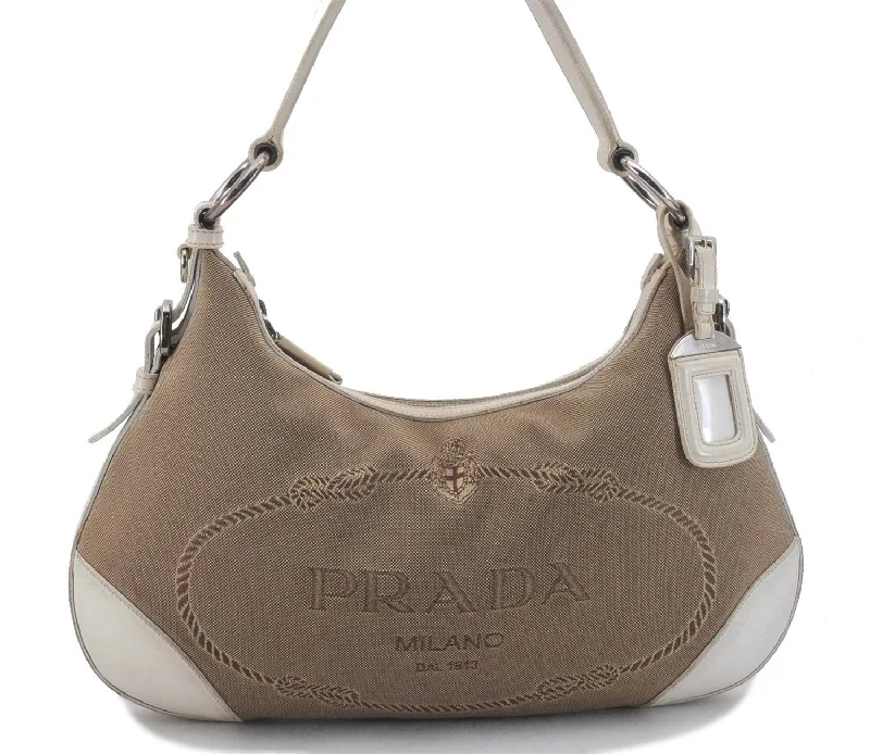 Small - sized Prada Saffiano leather bags for a compact and stylish carryAuthentic PRADA Canvas Leather Shoulder Hand Bag Purse Beige 5086D