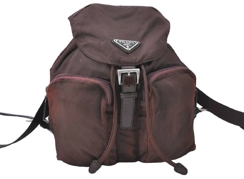 Ladies Prada shoulder bags with a single - handle design for simplicityAuthentic PRADA Nylon Leather Backpack Brown J1872