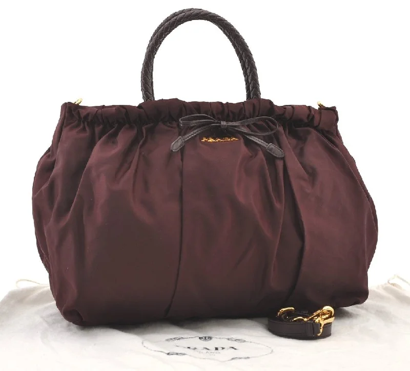 Prada Cahier bags with a detachable shoulder strap for versatile carryingAuthentic PRADA Ribbon Nylon Tessuto Leather 2Way Shoulder Tote Bag Purple 3591J