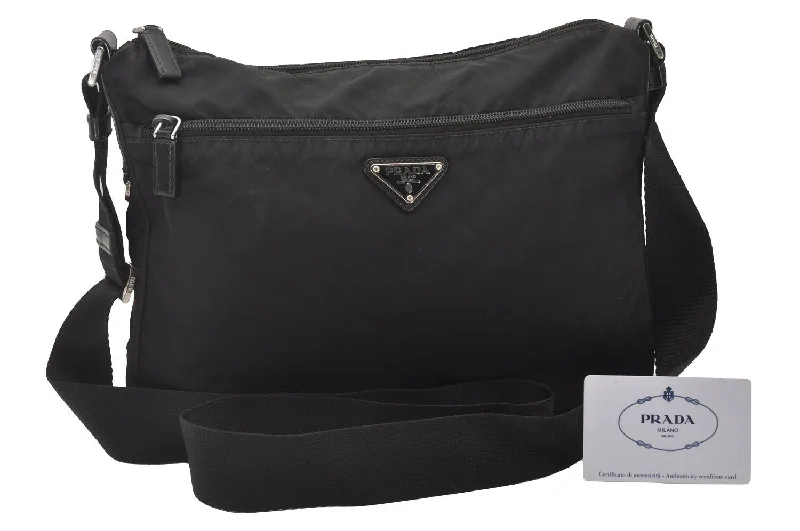 Ladies Prada shoulder bags with a magnetic - closure flap for easy opening and closingAuthentic PRADA VELA Nylon Tessuto Leather Shoulder Cross Bag BT0421 Black 4213I