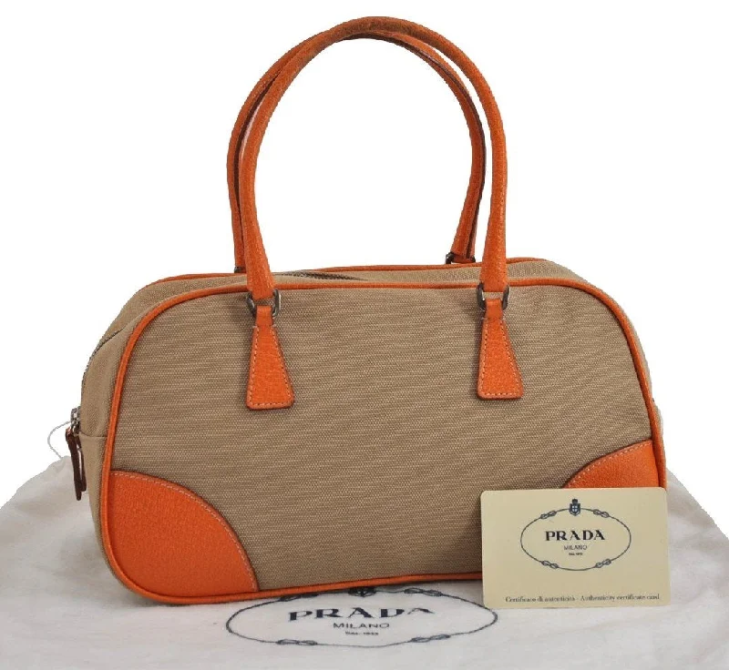 Prada bags with a detachable mobile phone holder for on - the - go convenienceAuthentic PRADA CANAPA + CINGHI Canvas Leather Hand Bag BL0044 Beige 3560J