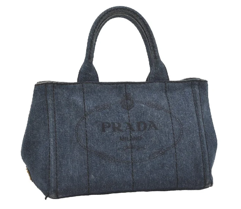 Ladies Prada shoulder bags with a tassel - adorned zipper for added charmAuthentic PRADA Canapa SS Vintage Denim 2Way Shoulder Hand Bag Blue 4870I