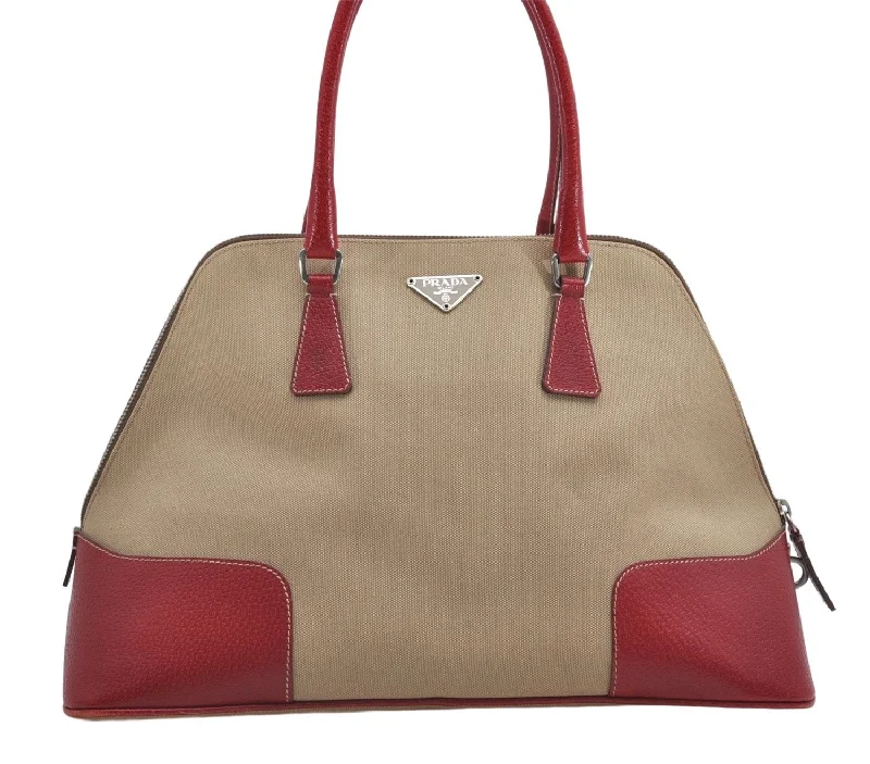 Ladies Prada shoulder bags with a magnetic - closure flap for easy opening and closingAuthentic PRADA Canvas Leather Shoulder Hand Bag Beige Red 0502E