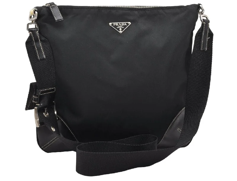 Small - sized Prada Saffiano leather bags for a compact and stylish carryAuthentic PRADA Nylon Tessuto Leather Shoulder Cross Body Bag Black 3738K