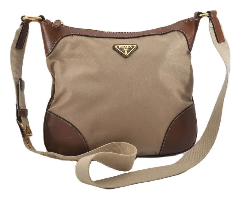 Prada tote bags with a spacious interior and a magnetic - snap closureAuthentic PRADA Nylon Tessuto Leather Shoulder Cross Body Bag Beige 0744F