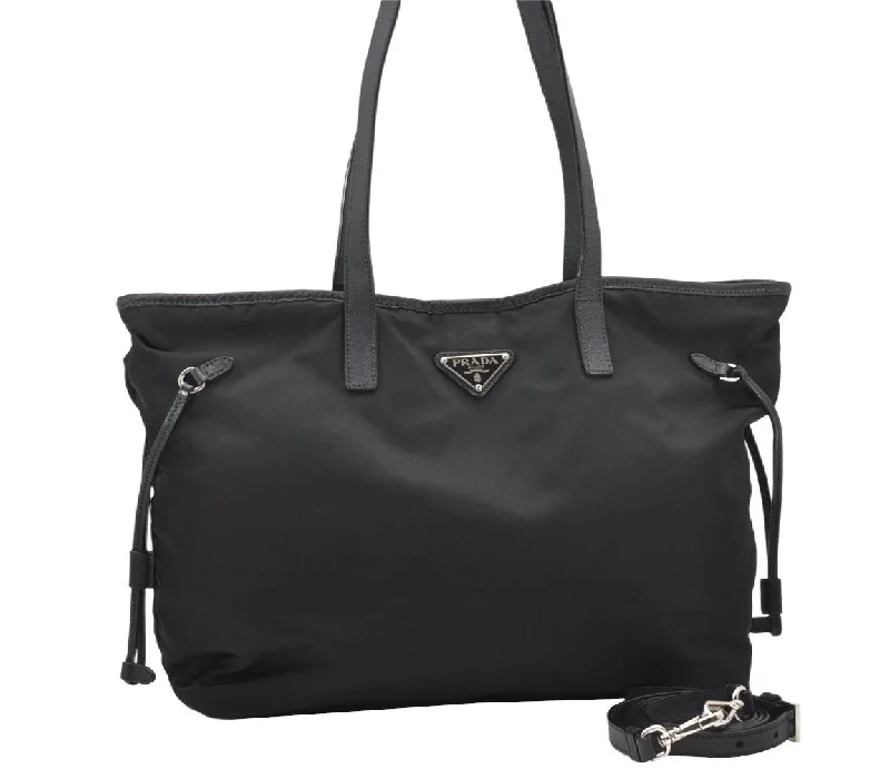 Prada nylon backpacks with a padded laptop compartment for travel and studyAuthentic PRADA Nylon Tessuto Saffiano Leather 2Way Tote Bag Black 3736K