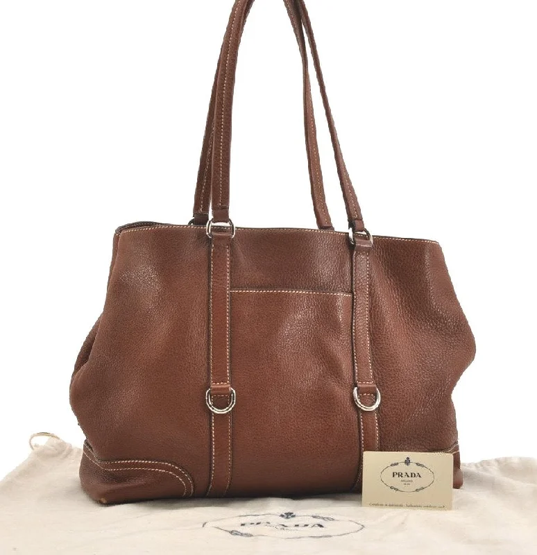 Ladies Prada shoulder bags with a single - handle design for simplicityAuthentic PRADA VIT DAINO LIFE Leather Shoulder Tote Bag BR2920 Brown 3642J