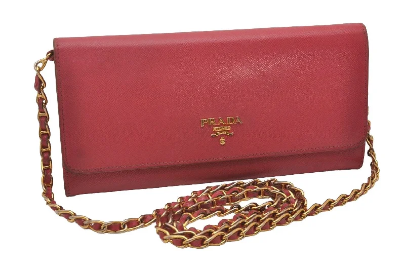 Prada bags with a detachable mirror inside for quick touch - upsAuthentic PRADA Saffiano Multic Leather Chain Shoulder Long Wallet Pink 4552I