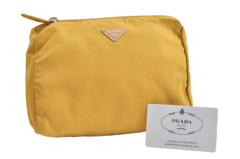 Prada Galleria bags with a structured silhouette for a professional lookAuthentic PRADA VELA Nylon Tessuto Leather Pouch Purse MV11 Yellow 4201K