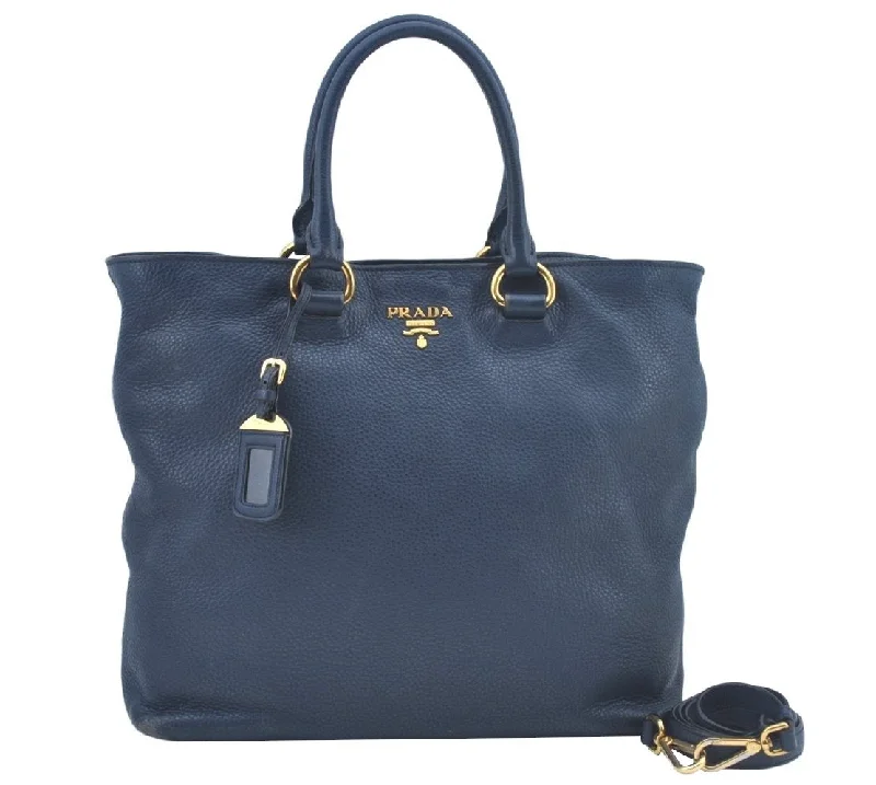 Ladies Prada shoulder bags with a tassel - adorned zipper for added charmAuthentic PRADA Leather 2Way Shoulder Cross Body Hand Bag Navy Blue L0401