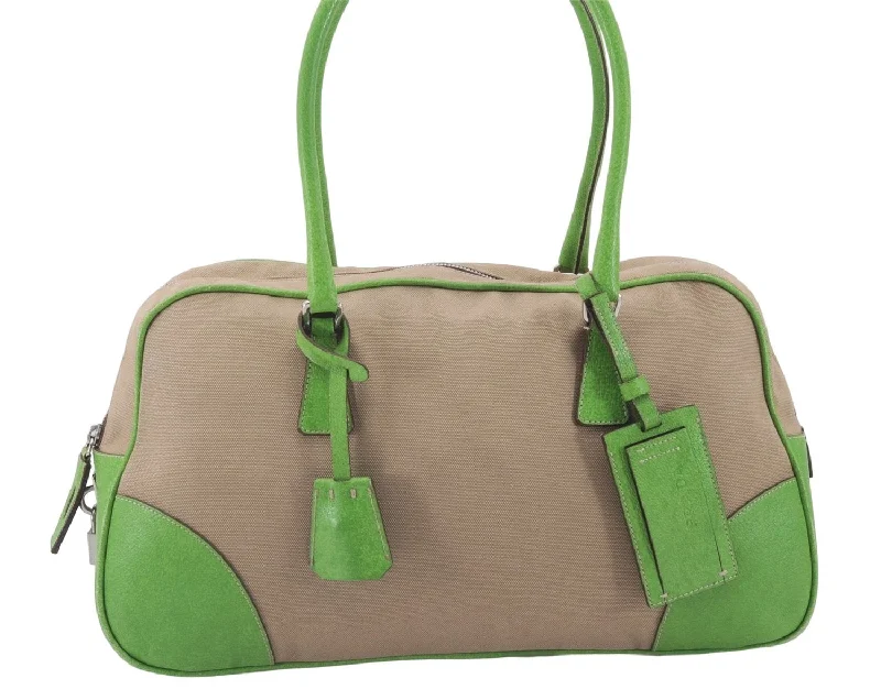 Prada bags with a front - zip pocket for small items like cards and keysAuthentic PRADA Canvas Leather Shoulder Tote Bag Beige Green 5638D