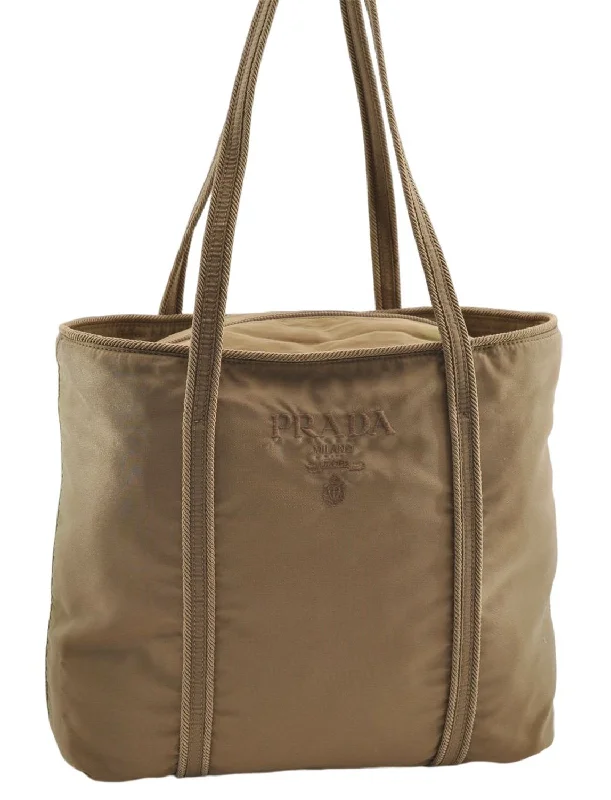 Prada bags with a zippered interior pocket for separating itemsAuthentic PRADA Nylon Tessuto Shoulder Tote Bag Beige 1924E