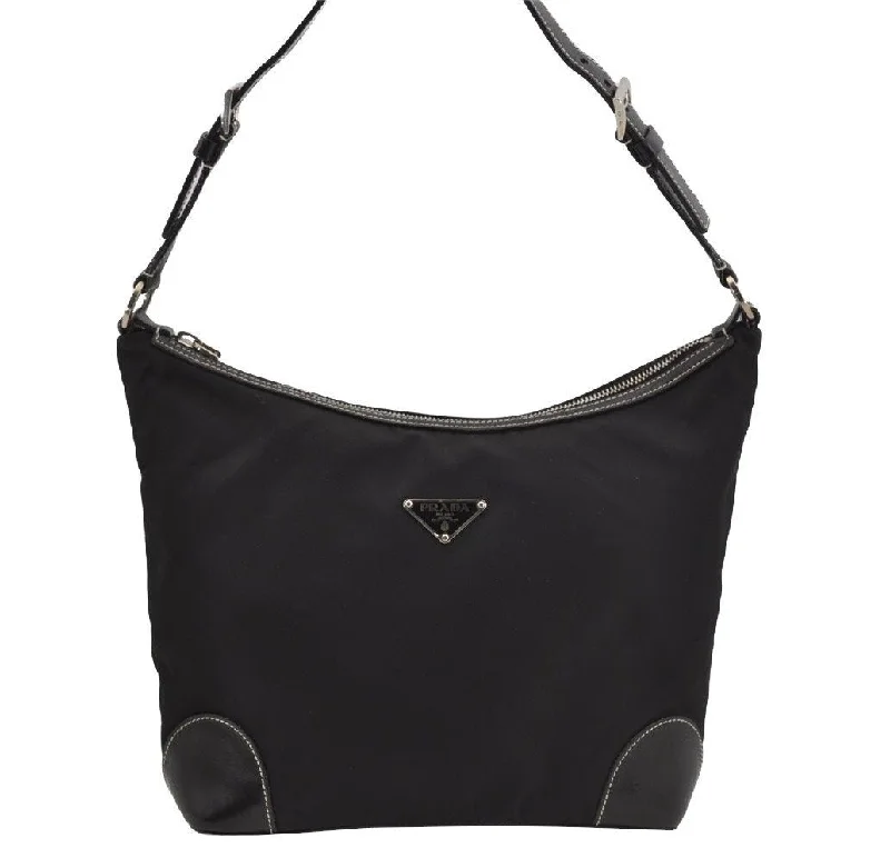 Ladies Prada shoulder bags with a wide - width strap for enhanced comfortAuthentic PRADA Nylon Tessuto Leather Shoulder Hand Bag Purse Black 4072J