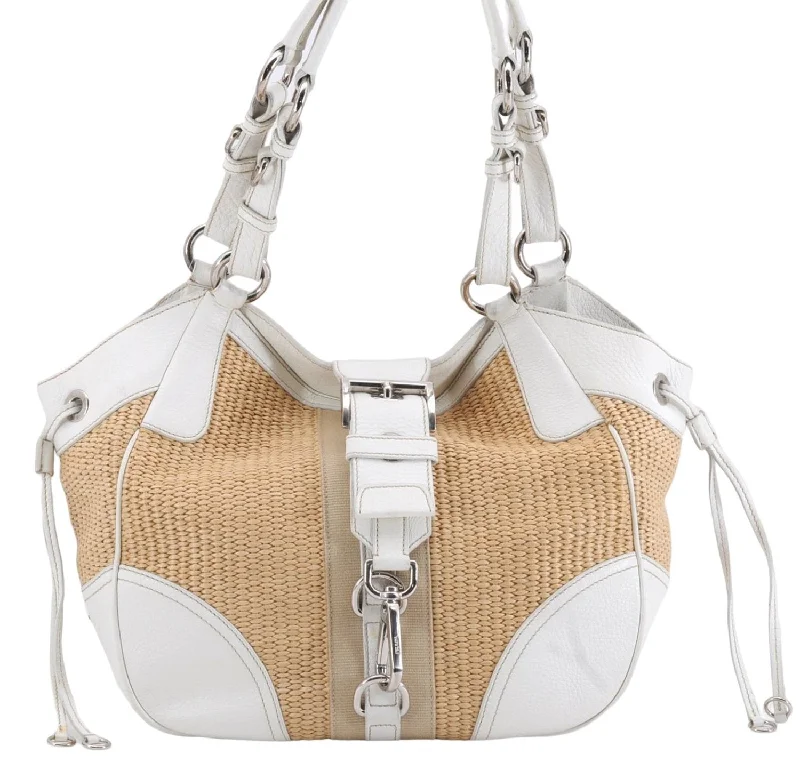 Ladies Prada shoulder bags with a wide - width strap for enhanced comfortAuthentic PRADA Vintage Raffia Leather Nappa Shoulder Tote Bag Beige White 2981E