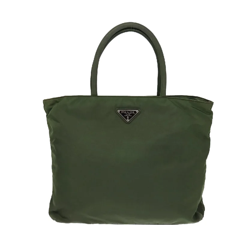 Prada bags with a front - zip pocket for small items like cards and keysPRADA Tote Bag Nylon Khaki Silver  ep5279