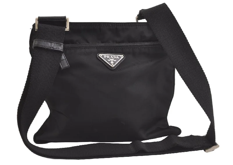 Prada Cahier bags featuring the signature triangular logo plaqueAuthentic PRADA Nylon Tessuto Leather Shoulder Cross Body Bag Purse Black 4116K