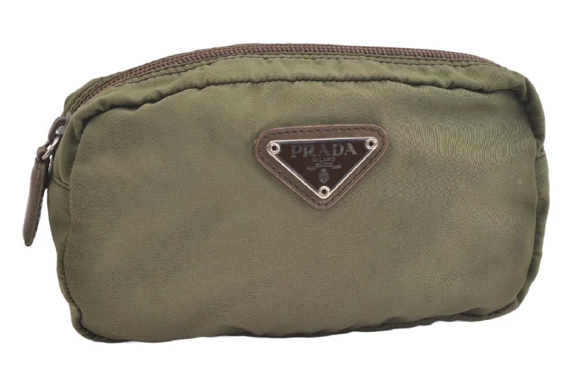 Prada Cleo bags with a crystal - embellished logo for added luxuryAuthentic PRADA Vintage Nylon Tessuto Leather Pouch Purse Khaki Green 4367K