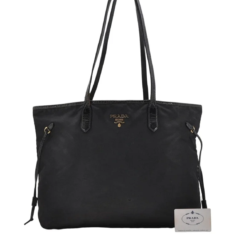 Prada tote bags with a spacious interior and a magnetic - snap closureAuth PRADA Tessuto Vernice Nylon Leather Shoulder Tote Bag BR3923 Black 4869D