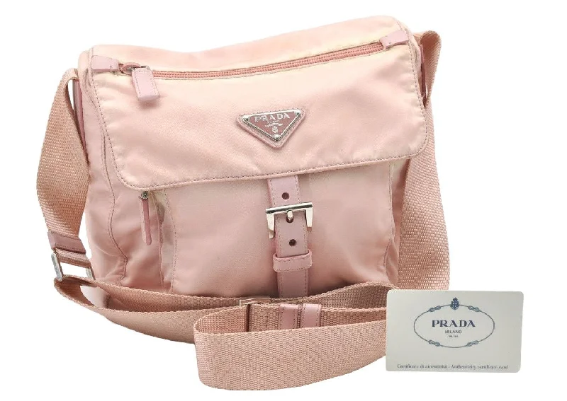 Prada bags with a zip - top closure and multiple interior pockets for organizationAuthentic PRADA Vela Sport Nylon Tessuto Leather Shoulder Bag BT8994 Pink 4071K