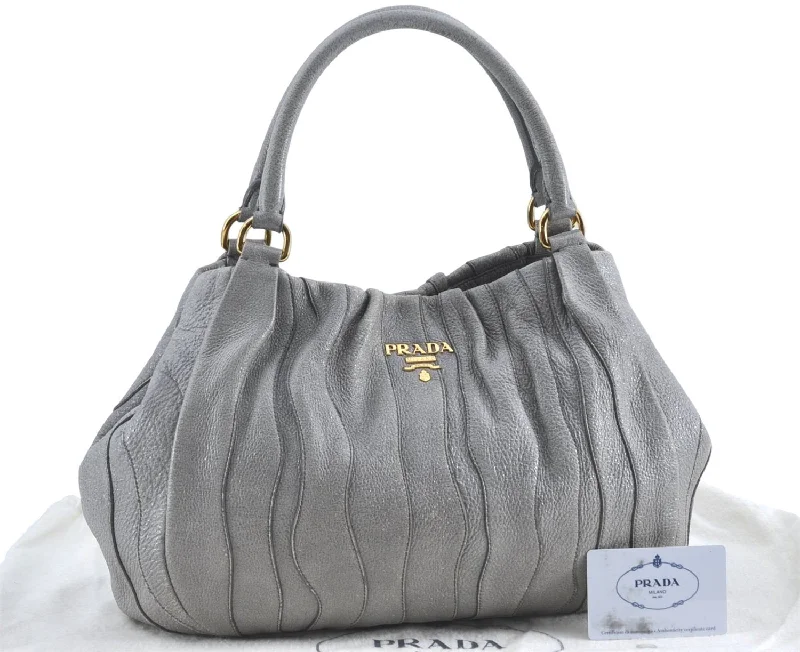 Prada handbags with a beaded trim for a touch of glamour and eleganceAuthentic PRADA Leather Nappa Shoulder Tote Bag Purse BR3957 Silver J1378