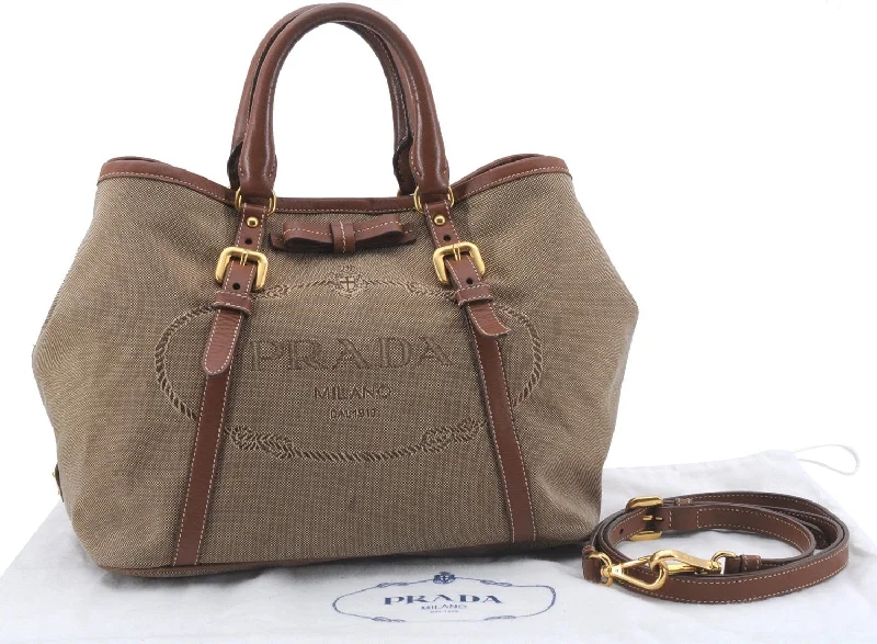 Ladies Prada Galleria bags with gold - toned hardware for a luxurious touchAuthentic PRADA Logo Jacquard Canvas Leather 2Way Shoulder Hand Bag Brown 5558D