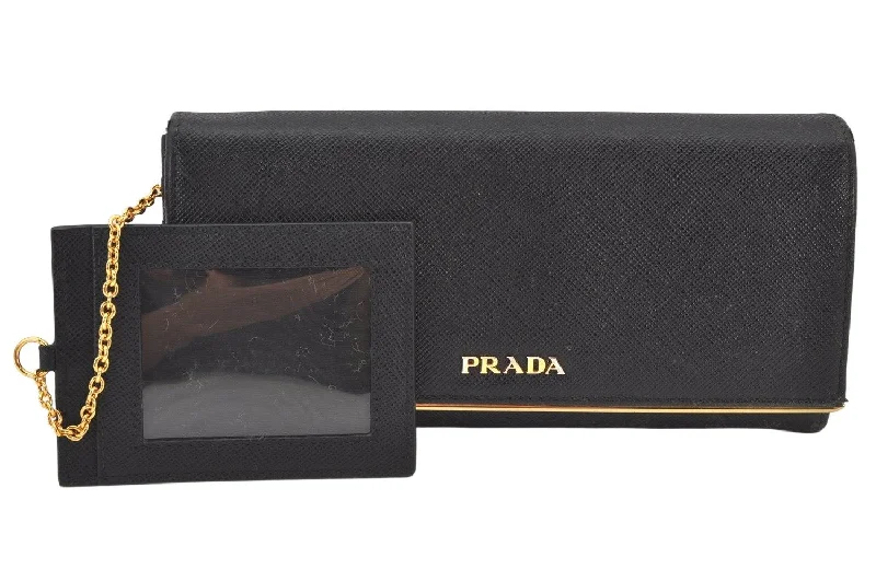 Prada nylon backpacks with a sleek, minimalist appearanceAuthentic PRADA Saffiano Metal Bar Leather Long Wallet Purse Black 3730K