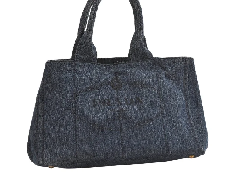 Prada tote bags with a spacious interior and a magnetic - snap closureAuthentic PRADA Vintage Canapa M Denim Tote Hand Bag Blue 3814K