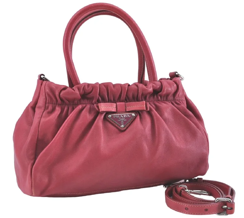 Small - sized Prada Saffiano leather bags for a compact and stylish carryAuthentic PRADA Leather Nappa Ribbon 2Way Shoulder Hand Bag Purse Pink 1586C