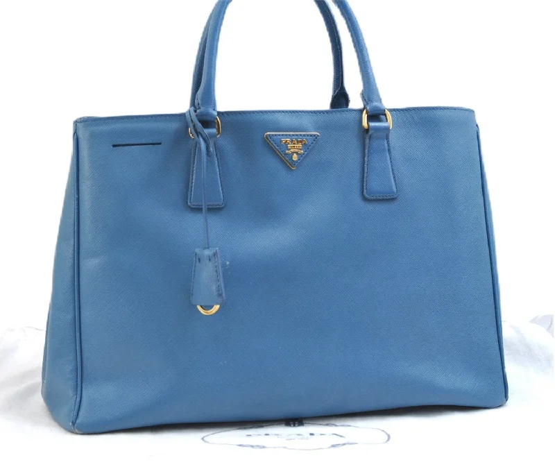 Prada Cahier bags with a detachable shoulder strap for versatile carryingAuthentic PRADA Saffiano Vintage Leather Shoulder Hand Tote Bag Light Blue 9401E