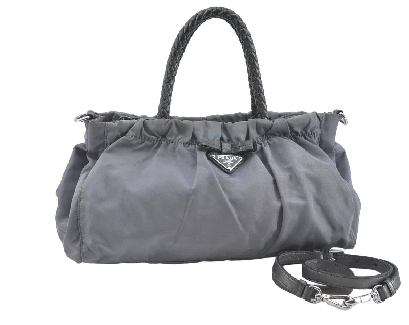 Prada Cleo bags with a snakeskin - effect panel for a bold and trendy lookAuthentic PRADA Nylon Leather 2Way Shoulder Hand Bag Purse Gray G0256