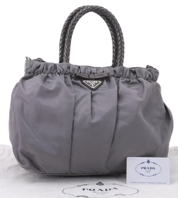 Prada Re - Edizione 2005 bags with a retro - inspired designAuthentic PRADA Nylon Tessuto Bow Leather 2Way Hand Bag Purse BN1778 Gray 9877E