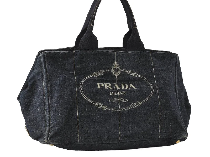 Prada tote bags with a double - handle and shoulder - strap option for easy useAuthentic PRADA Canapa L Vintage Canvas Tote Hand Bag Denim Blue 4852I