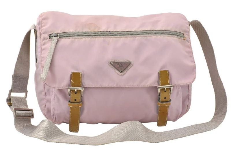 Prada bags with a back - zip pocket for storing valuables securelyAuthentic PRADA Vintage Nylon Tessuto Enamel Shoulder Cross Body Bag Pink 4016K