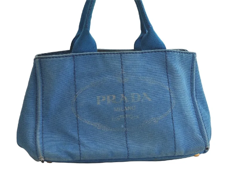 Ladies Prada Re - Edizione 2005 bags in a pastel color for a soft lookAuthentic PRADA Canapa M Canvas Tote Hand Bag Blue 3970K