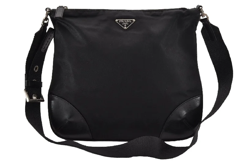 Prada bags with a zippered interior pocket for separating itemsAuthentic PRADA Nylon Tessuto Leather Shoulder Cross Body Bag Black 4643I