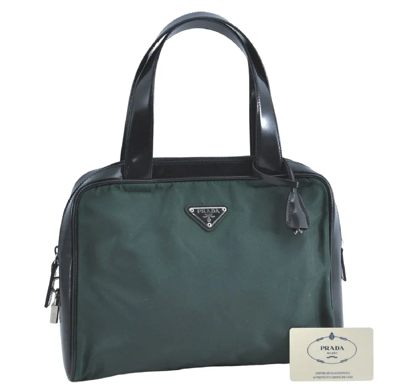 Prada tote bags with a printed Prada logo on the front for brand visibilityAuthentic PRADA Nylon Leather Shoulder Hand Bag Purse B8378 Green Khaki H3115