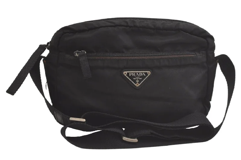 Prada nylon backpacks with a padded back panel for comfort during long - term useAuthentic PRADA Nylon Tessuto Leather Shoulder Cross Body Bag Purse Black 5755K