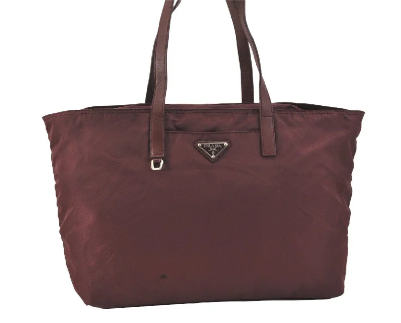 Small - sized Prada Saffiano leather bags for a compact and stylish carryAuthentic PRADA Vintage Nylon Tessuto Leather Shoulder Tote Bag Bordeaux 3133K