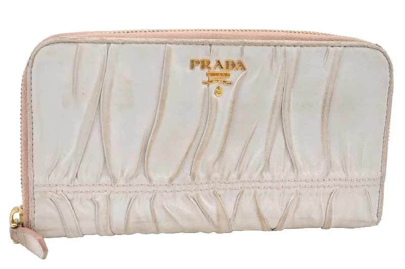 Prada crossbody bags with a woven leather strap for a unique textureAuthentic PRADA Vintage Leather Round Zip Long Wallet Purse Pink K5471