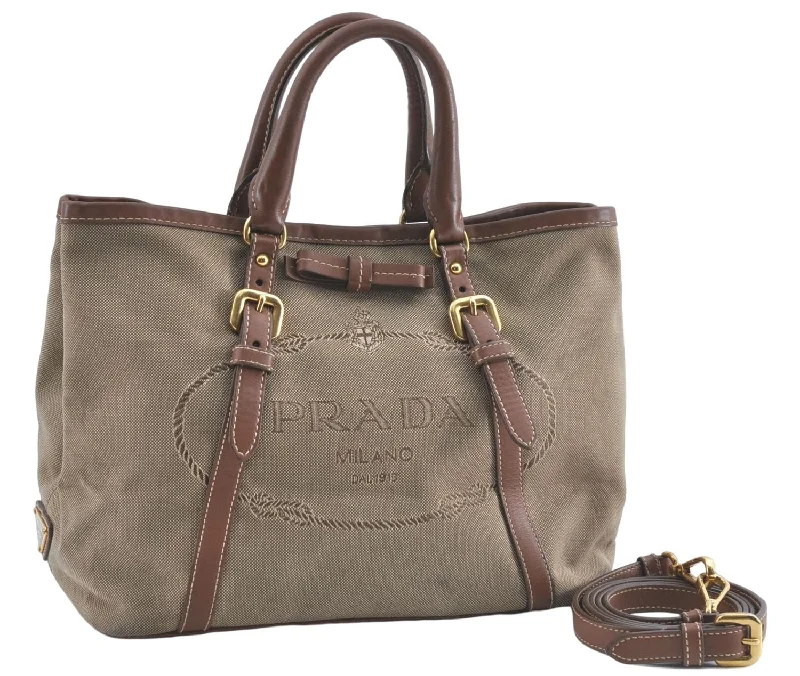 Prada Cahier bags with a leather - wrapped handle for a luxurious feelAuthentic PRADA Canvas Leather 2Way Shoulder Cross Body Tote Bag Beige 8192B