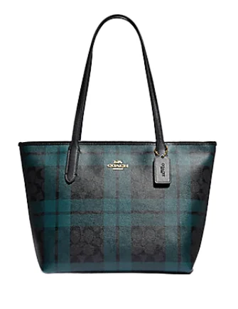 Coach bags with a back - zip pocket for storing valuables securelyCoach Zip Top Tote in Signature Canvas with Field Plaid Print