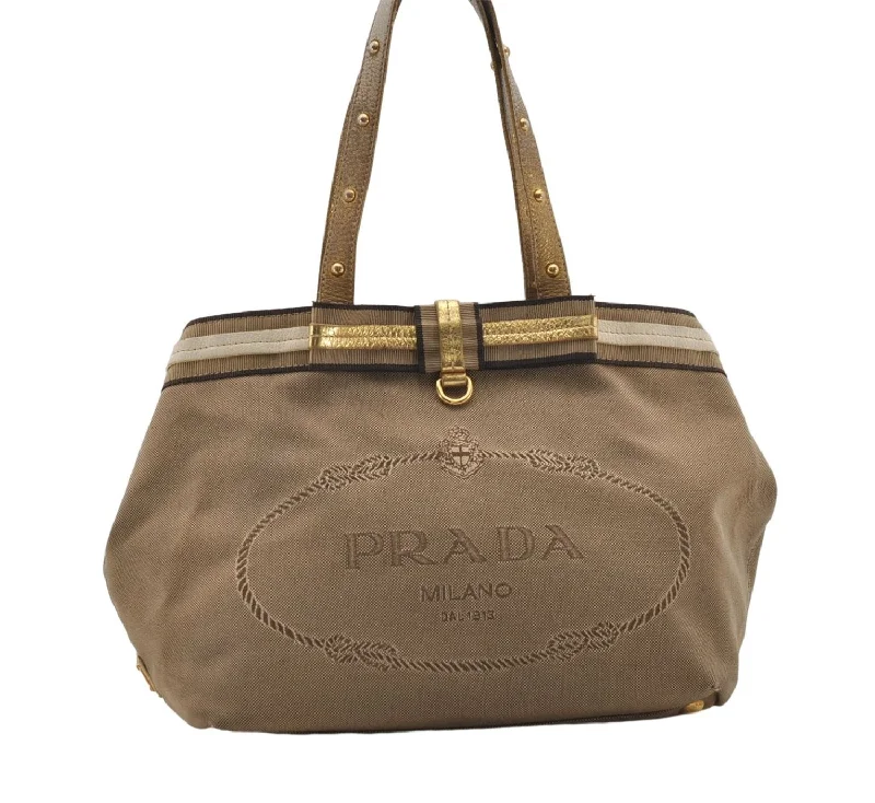 Ladies Prada Re - Edizione 2005 bags with a star - shaped charm for a playful touchAuthentic PRADA Jacquard Canvas Leather Logo Shoulder Hand Bag Brown 6646D