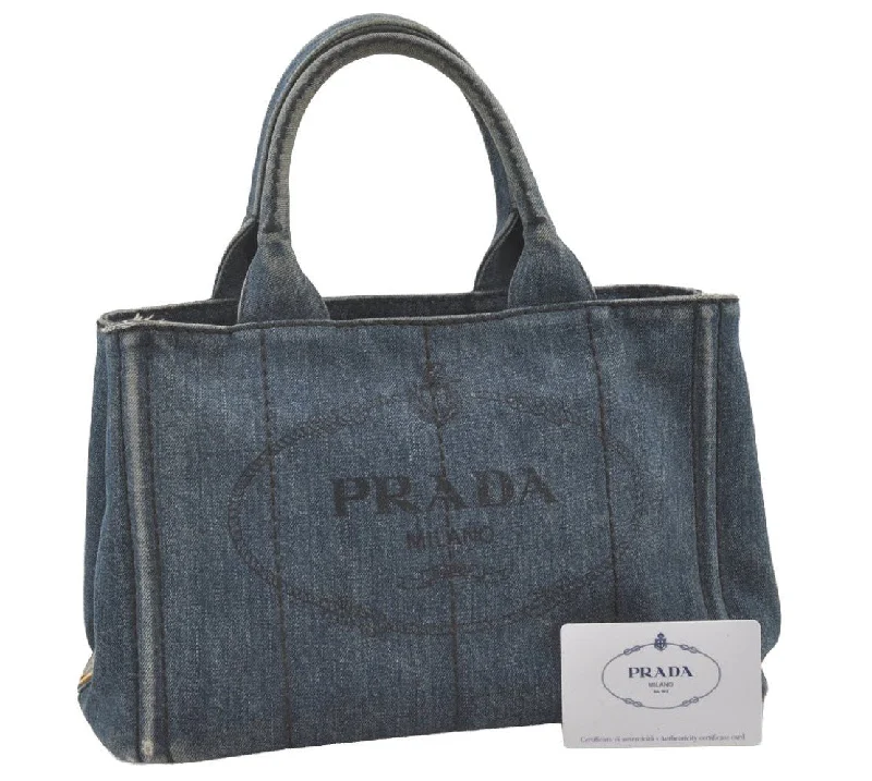 Medium - sized Prada tote bags in classic black for everyday versatilityAuthentic PRADA DENIM Canapa SS 2Way Shoulder Hand Bag Purse 1BG439 Blue 2272J